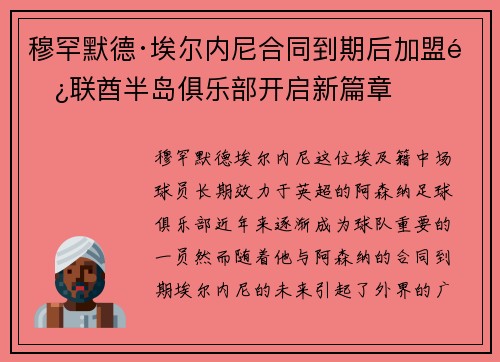 穆罕默德·埃尔内尼合同到期后加盟阿联酋半岛俱乐部开启新篇章 穆罕默德·埃尔内尼合同到期后加盟阿联酋半岛俱乐部开启新篇章